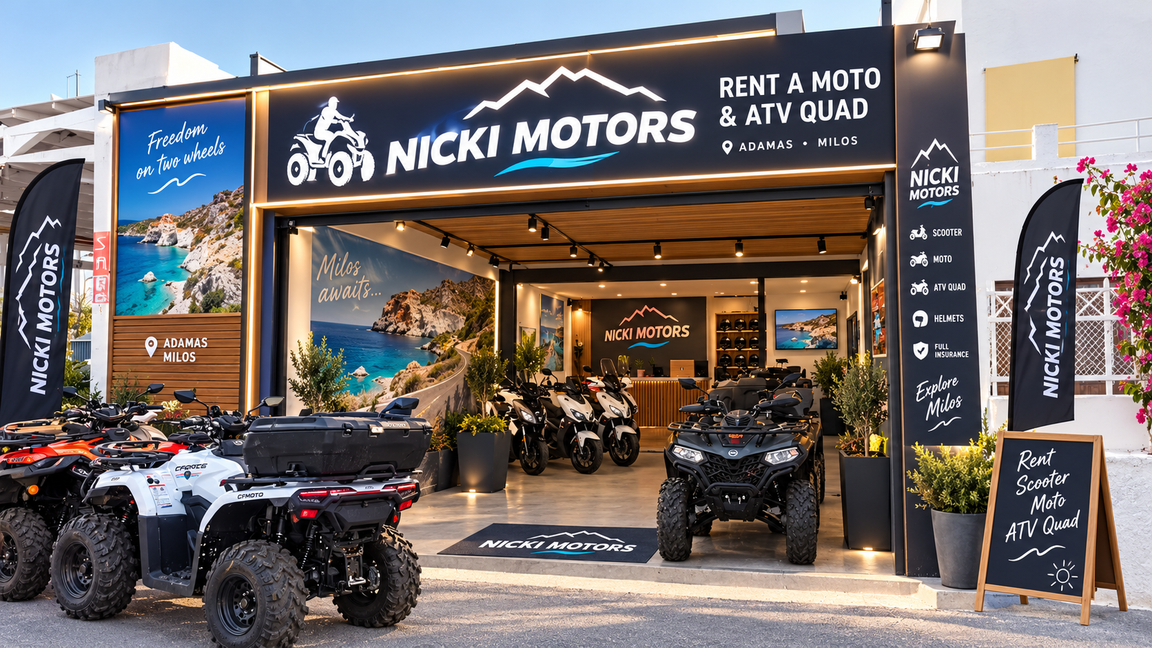 The Nicki Motors storefront in Adamantas, Milos, with scooters and ATVs lined up under the lit Nicki Motors sign