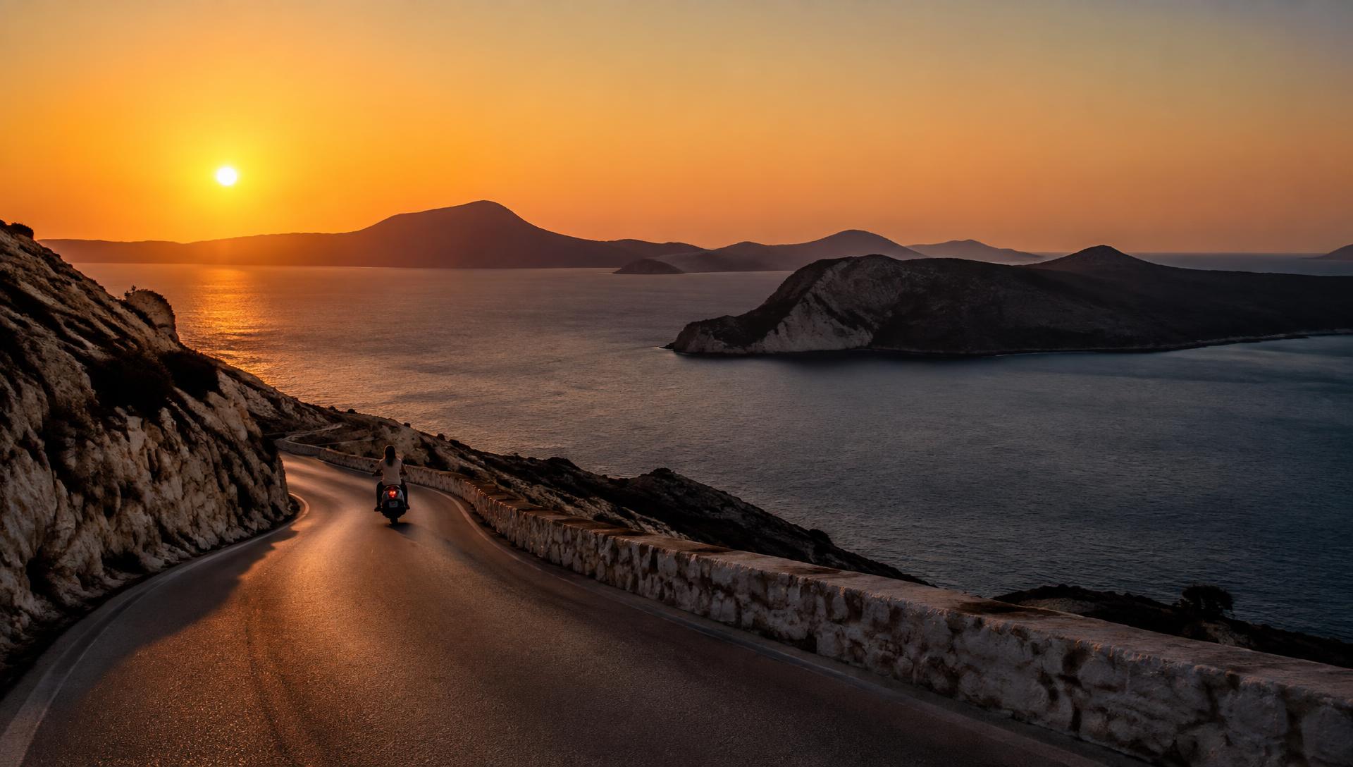 A rider on a coastal road in Milos at sunset
