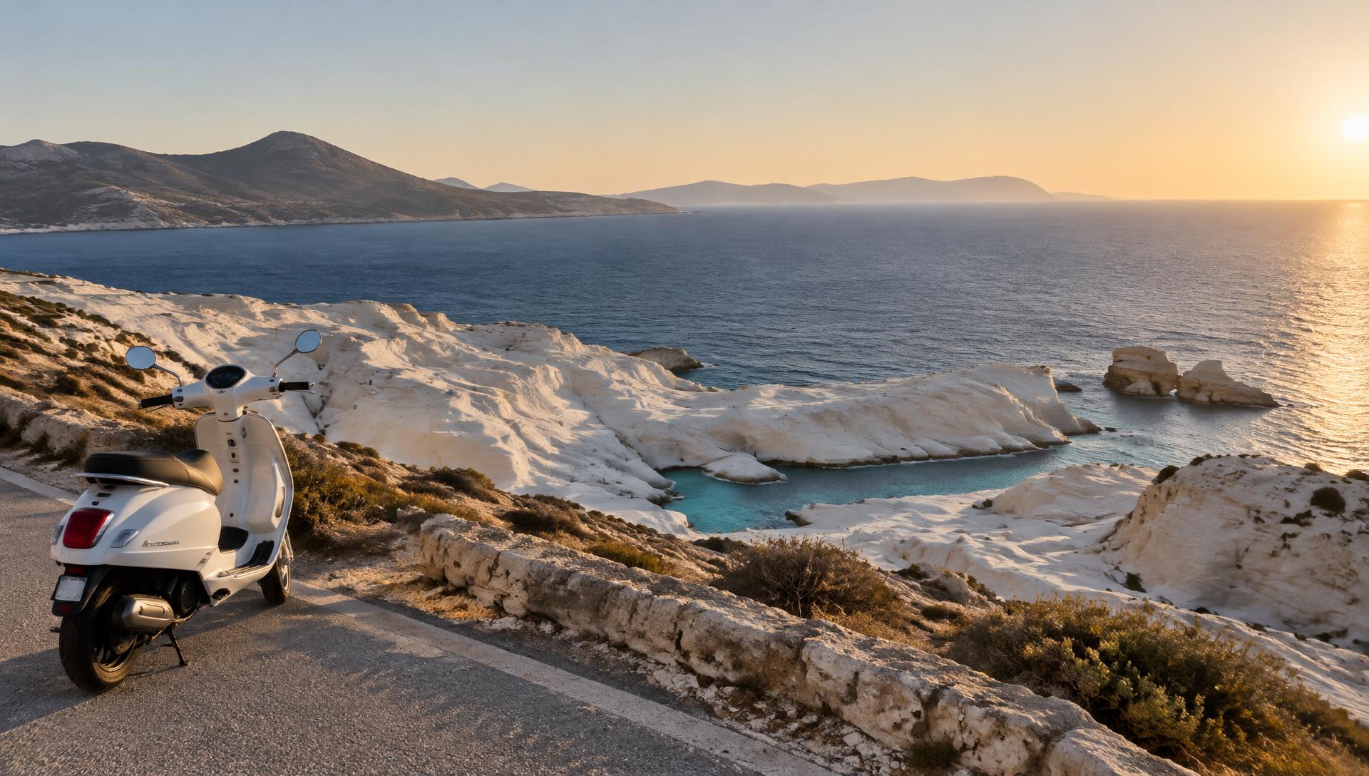 Scooter on a coastal road above Sarakiniko